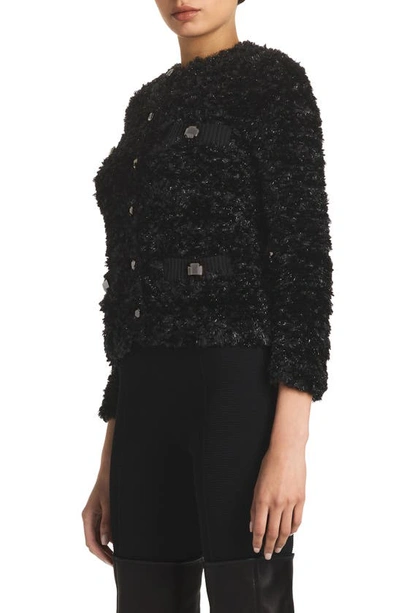St John Shiny Faux Fur Eyelash Knit Cardigan In Black