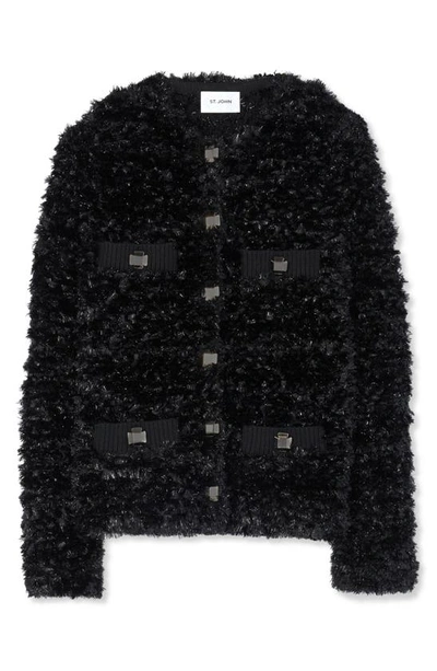 St John Shiny Faux Fur Eyelash Knit Cardigan In Black