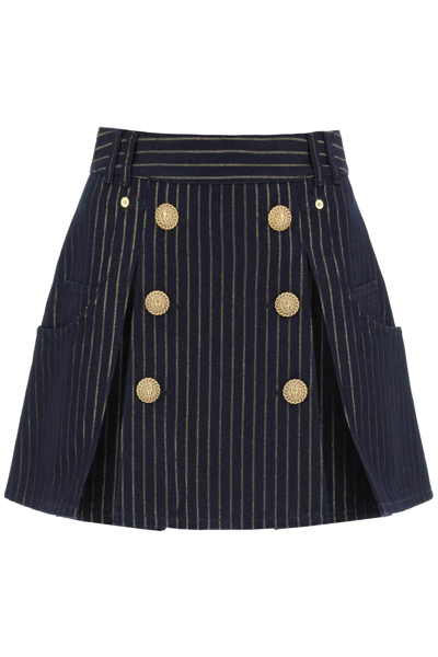Shop Balmain Pinstriped-denim Mini Skirt In Bleu Jean Brut Or (blue)