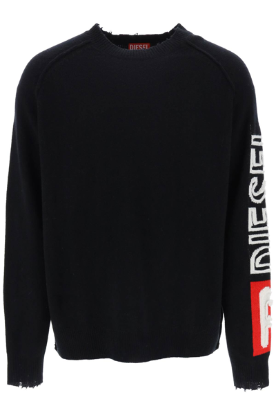 Shop Diesel Wool Sweater With Logo In Deep Black (black)