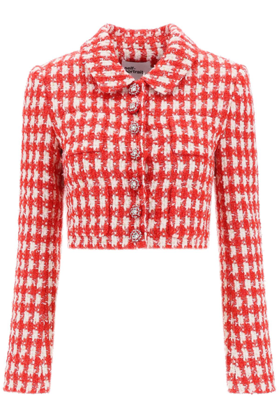 Shop Self-portrait Check Bouclé Tweed Cropped Jacket In Red (white)