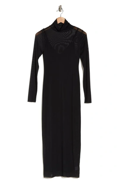 Shop Afrm Los Angeles Marni Turtleneck Long Sleeve Mesh Dress In Noir