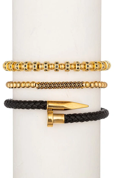 Shop Eye Candy Los Angeles Solomun Set Of 3 Beaded & Leather Bracelets In Gold