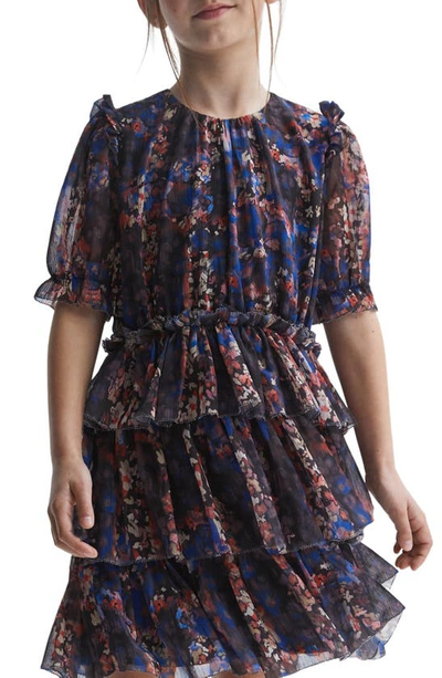 Shop Reiss Kids' Henrietta Floral Tiered Chiffon Dress In Navy Print
