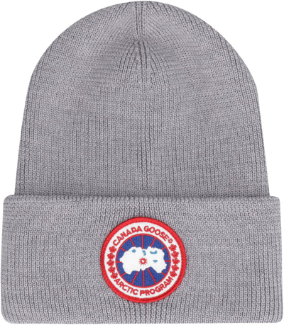 Shop Canada Goose Logo Patch Ribbed Knit Beanie In Grey