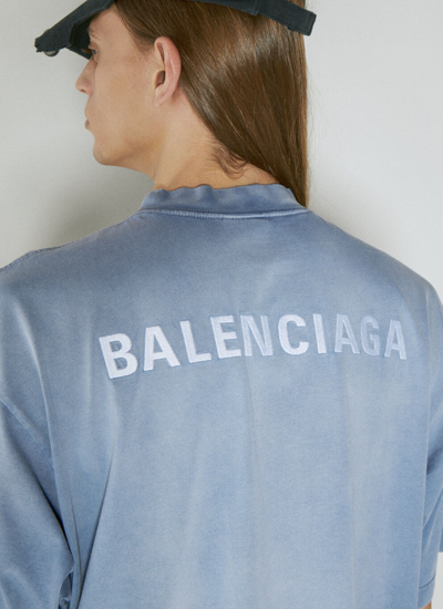 Shop Balenciaga Men Logo Embroidery T-shirt In Blue