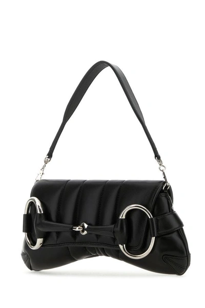 Shop Gucci Woman Black Medium  Horsebit Chain Leather Shoulder Bag