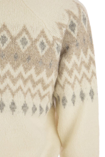Shop Brunello Cucinelli Icelandic Jacquard Buttoned Sweater In Alpaca, Cotton And Wool In Panama/grey/sand