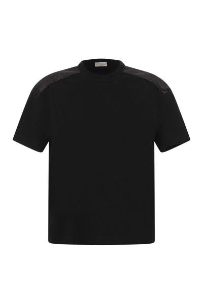 Shop Brunello Cucinelli Stretch Cotton Jersey T-shirt With Shiny Shoulders In Black