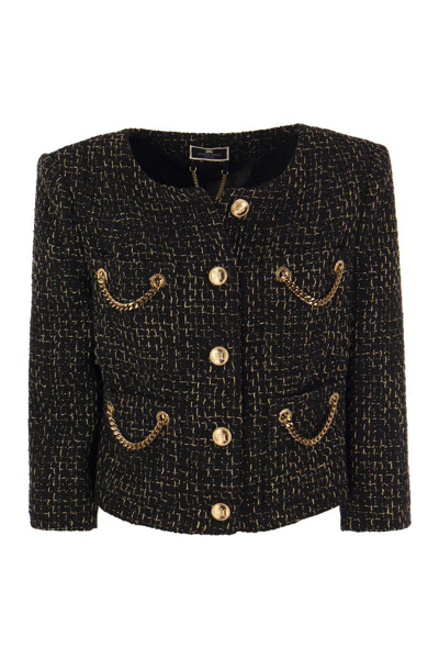 Shop Elisabetta Franchi Short Lurex Tweed Jacket With Chains In Black