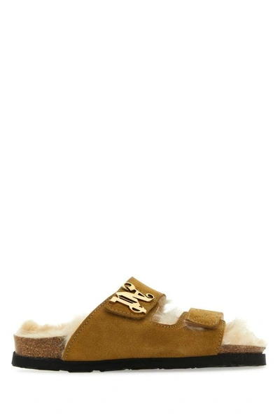 Shop Palm Angels Woman Camel Suede Slippers In Brown