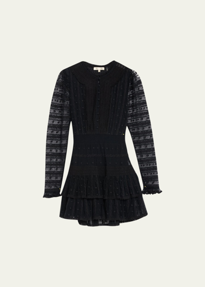 Shop Loveshackfancy Elio Smocked-waist Tiered Lace Mini Dress In Black