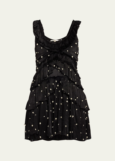 Shop Loveshackfancy Andra Beaded Tiered Ruffle Mini Dress In Black
