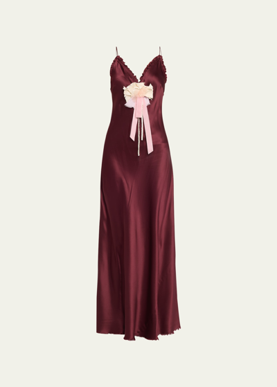 Shop Loveshackfancy Elizabella Mixed Media Bias Silk Maxi Slip Dress In Shimmering Raspbe