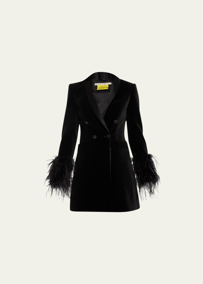 Shop Alice And Olivia Latoya Feather-cuff Blazer Mini Dress In Black/black