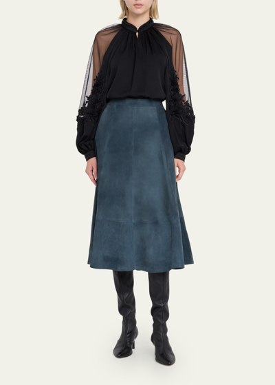 Shop Kobi Halperin Amanda A-line Suede Midi Skirt In Sea Moss