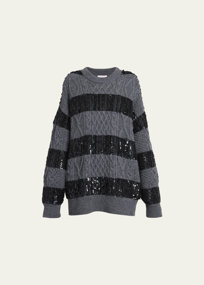 Shop Valentino Oversize Cable-knit Sweater With Embellished Stripes In Dark Mel Gray Bla