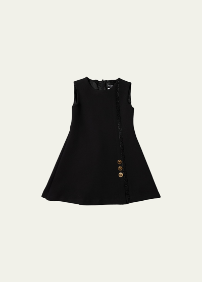 Shop Versace Girl's Embellished Greca Trim A-line Dress In Blackblack