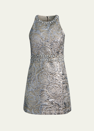 Shop Alice And Olivia Dru Embellished Metallic Jacquard Mini Dress In Silvergold