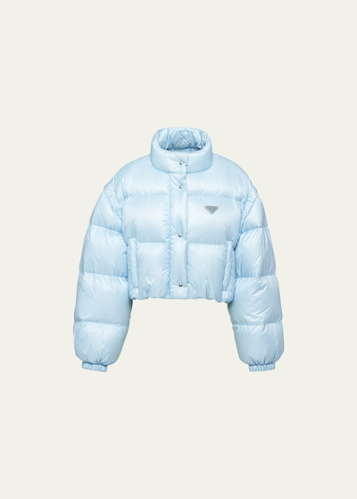 Shop Prada Crop Drawstring Nylon Down Jacket In F0012 Cielo