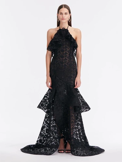 Shop Oscar De La Renta Gardenia Guipure Lace Ruffle Gown In Black