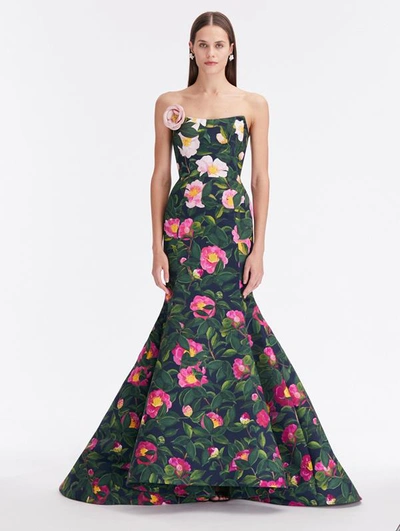 Shop Oscar De La Renta Camellia Faille Embroidered Gown In Pink/navy