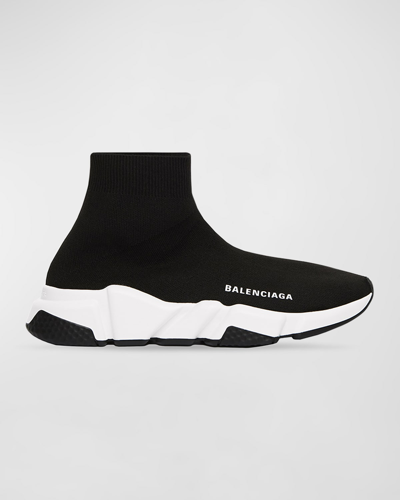 Shop Balenciaga Men's Speed Recycled Knit Runner Sneakers In 1000 Black/white/