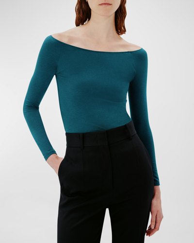 Shop Another Tomorrow Leotard Off-shoulder Cotton Top In Petrol