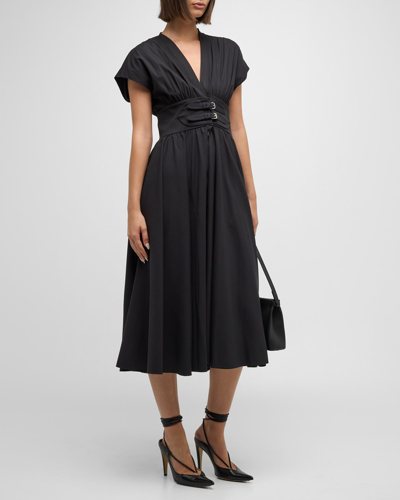 Shop Alexis Bardello Belted Cotton Sateen V-neck Midi Dress In Noir