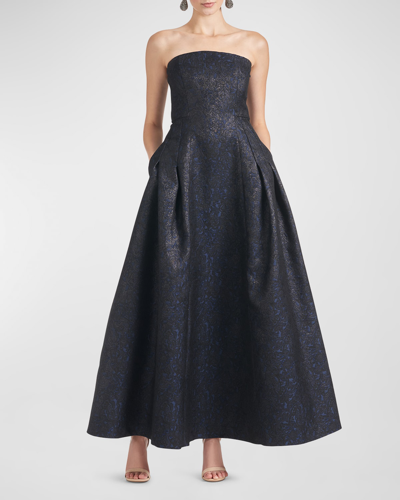 Shop Sachin & Babi Margaux Pleated Strapless Jacquard Gown In Blk/midnight