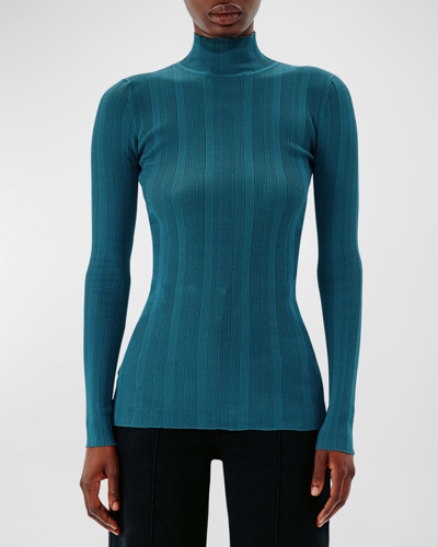 Shop Another Tomorrow Variegated Rib High-neck Top In Petrol