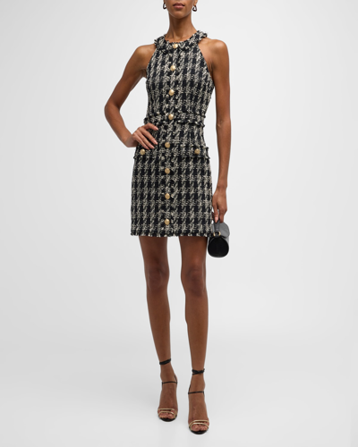 Shop L Agence Jade Button-front Tweed Mini Dress In Blk/ivory Plaid T