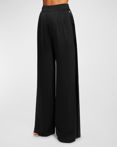 Shop Ramy Brook Malia Embellished Satin Wide-leg Pants In Black