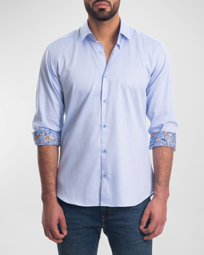 Shop Jared Lang Men's Solid Button-down Shirt With Floral Cuffs In Blue Print