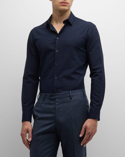 Shop Giorgio Armani Men's Seersucker Sport Shirt In Solid Black