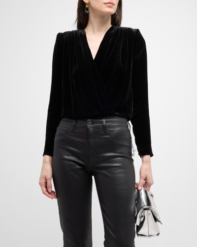 Shop L Agence Kallie Crossover Velvet Bodysuit In Black