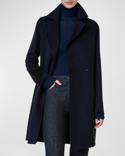 Shop Akris Bera Brushed Cashmere Doble-breasted Coat In Navy