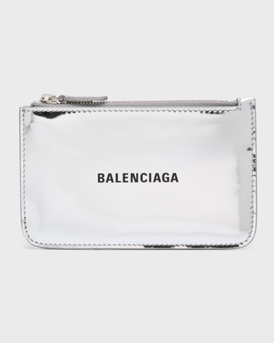 Shop Balenciaga Metallic Zip Leather Card Holder In 8160 Silver/l Bla
