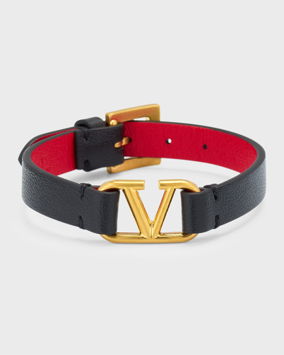 Shop Valentino Leather V-logo Bracelet In Blackred