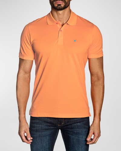 Shop Jared Lang Men's Knit Polo Shirt With Star Embroidery In Coral