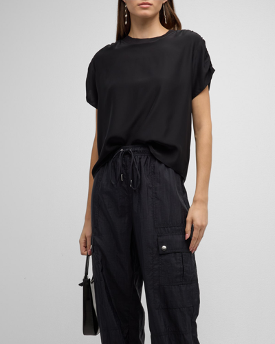 Shop Cinq À Sept Lorainne Short Ruched-sleeve Silk Top In Black