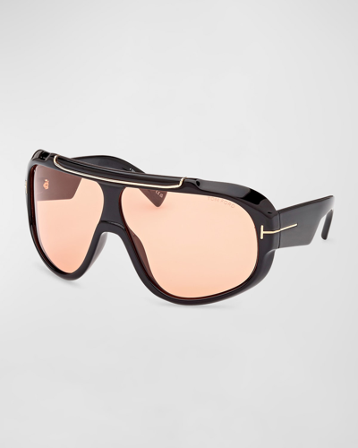 Shop Tom Ford Men's Rellen Plastic Shield Sunglasses In Shiny Black