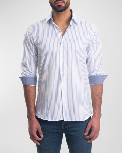 Shop Jared Lang Men's Striped Button-down Shirt In White Blue Stripe