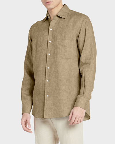 Shop Loro Piana Men's Andrew Long-sleeve Linen Shirt In Light Citrus