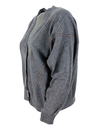 Shop Brunello Cucinelli Cardigan Sweater Made Of Precious And Refined Wool, Silk And Cashmere With Diamond Pattern Embellish In Grey