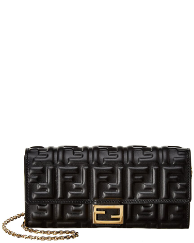 Shop Fendi Baguette Leather Wallet On Chain In Black