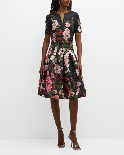 Shop Oscar De La Renta Hollyhocks-print Pleated Belted Short-sleeve Faille Dress In Pink Black
