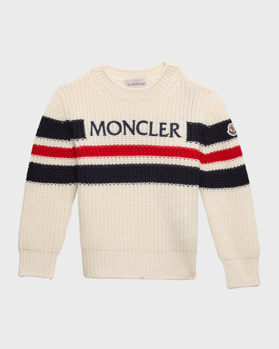 Shop Moncler Boy's Tri-stripe Logo-print Knitted Wool Sweater In White