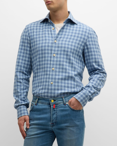 Shop Kiton Men's Gingham Check Sport Shirt In Light Blue