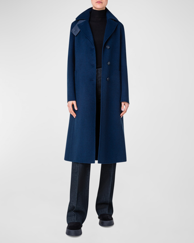 Shop Akris Leather Collar Cashmere Coat In Navy